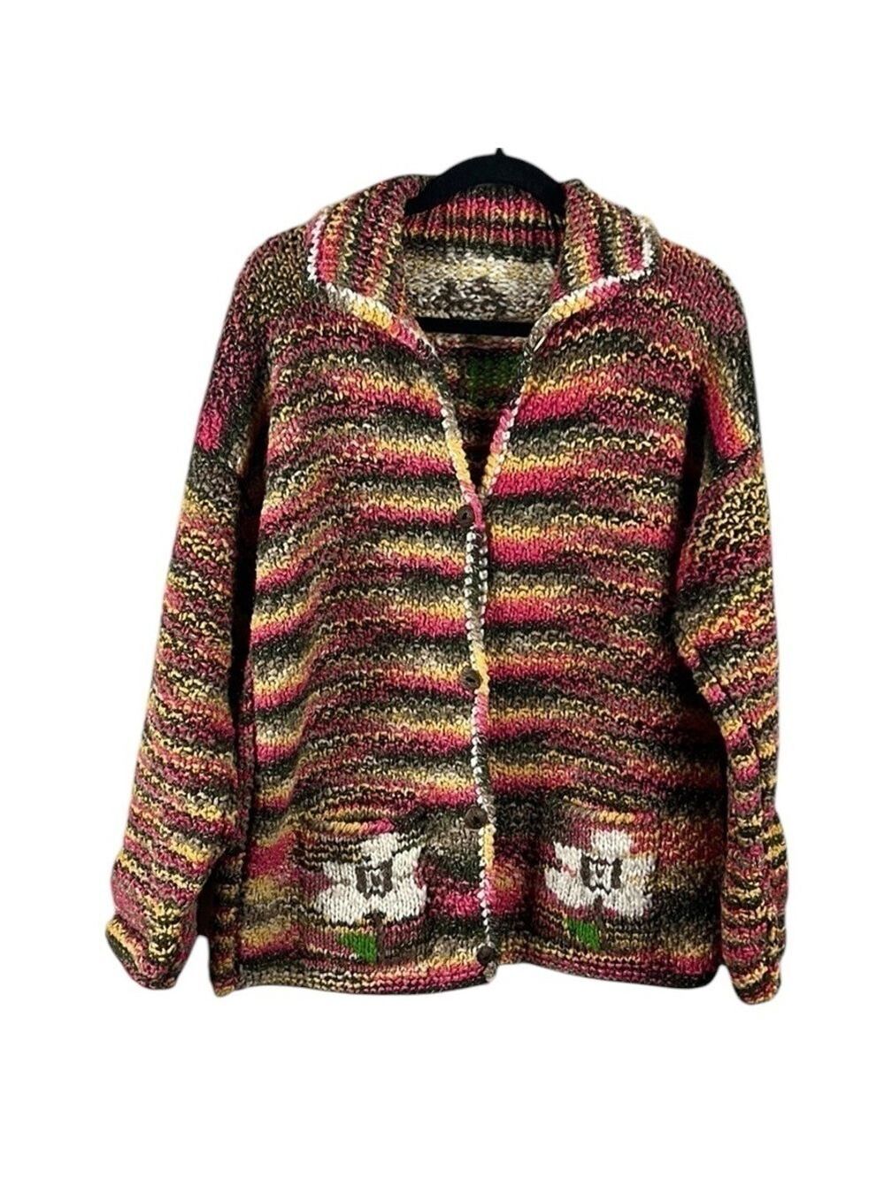 Boho Tight Hand Knit Wool Floral Trim Button Down Sweater Cardigan Coat Size XL